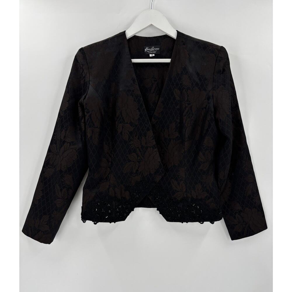 Karen Lawrence Jacket Womens 10 Brown Black Floral Diamond Beaded Embroidered